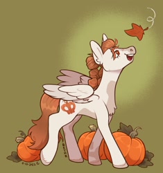 Size: 1396x1488 | Tagged: safe, artist:beyhr, derpibooru import, oc, oc only, earth pony, pony, leaf, pumpkin, solo