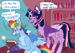 Size: 1167x837 | Tagged: safe, artist:beyhr, derpibooru import, rainbow dash, twilight sparkle, twilight sparkle (alicorn), alicorn, pony, book, bookshelf, chest fluff, dialogue, ear fluff, ears