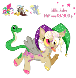Size: 1769x1810 | Tagged: safe, artist:vernorexia, derpibooru import, derpy hooves, discord, pinkie pie, oc, cat, cat pony, draconequus, hybrid, original species, pegasus, pony, snake, snake pony, adoptable, adoptable open, april fools, april fools 2023, body markings, cat ears, cat paws, clown, colored hoobes, cross-eyed, derp, discord gets all the mares, facial markings, flying, hat, heterochromia, jester, jester hat, jester pie, next generation, one true threesome, parent:derpy hooves, parent:discord, parent:pinkie pie, paws, scales, snake tail, spotted, stars, tail, tongue, tongue out, whiskers, white hair