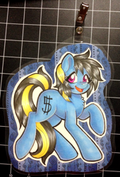 Size: 829x1221 | Tagged: safe, artist:inkkeystudios, derpibooru import, earth pony, pony, badge, chest fluff, looking at you, open mouth, open smile, photo, smiling, solo, traditional art