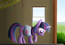 Size: 1024x702 | Tagged: safe, artist:jarwall, derpibooru import, twilight sparkle, unicorn twilight, pony, unicorn, bag, bush, crying, door, female, house, looking down, mare, purple eyes, saddle bag, smiling, solo