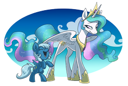 Size: 584x395 | Tagged: artist needed, safe, derpibooru import, princess celestia, pony, circle background, concave belly, crown, duo, flowing mane, gradient background, happy, having fun, height difference, jewelry, physique difference, pink eyes, rearing, regalia, simple background, smiling, spread wings, transparent background, wavy mane, wings