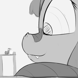 Size: 600x600 | Tagged: artist needed, safe, derpibooru import, oc, oc:orchid, oc:ultramare, pony, clothes, duo, giant pony, grayscale, hat, looking down, macro, macro/micro, micro, monochrome, sharp teeth, smiling, teeth, trenchcoat