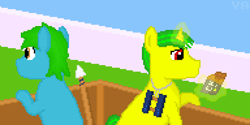 Size: 768x384 | Tagged: safe, artist:valuable ashes, derpibooru import, oc, oc only, oc:technical writings, oc:valuable ashes, earth pony, pony, unicorn, binoculars, chocolate, food, pixel art, spear, tower, weapon