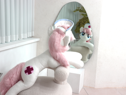 Size: 2664x2000 | Tagged: safe, artist:megatarot, derpibooru import, nurse redheart, earth pony, pony, female, fluffy, irl, mirror, photo, plushie