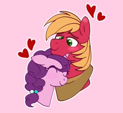 Size: 1911x1753 | Tagged: safe, artist:orcabunnies, derpibooru import, big macintosh, sugar belle, earth pony, pony, blushing, duo, female, heart, male, pink background, shipping, simple background, smiling, straight, sugarmac