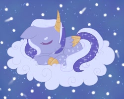 Size: 1280x1024 | Tagged: safe, artist:orcabunnies, derpibooru import, oc, oc only, alicorn, pony, cloud, colored wings, colored wingtips, curved horn, ears, eyes closed, floppy ears, horn, on a cloud, sleeping, sleeping on a cloud, smiling, two toned wings, wings