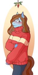 Size: 1264x2464 | Tagged: safe, artist:morgdl, derpibooru import, oc, oc:sertpony, anthro, blue coat, blushing, christmas, clothes, denim, holiday, holly, jeans, jumper, orange mane, pants, simple background, sweater, tail