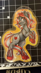 Size: 2988x5312 | Tagged: safe, artist:inkkeystudios, derpibooru import, oc, oc only, pony, unicorn, badge, lidded eyes, looking at you, photo, rearing, scar, smiling, solo, stitches, traditional art