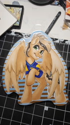 Size: 2988x5312 | Tagged: safe, artist:inkkeystudios, derpibooru import, oc, oc only, pegasus, pony, badge, clothes, looking at you, photo, shirt, smiling, solo, spread wings, traditional art, wings