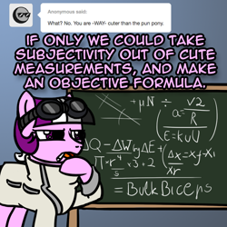 Size: 800x800 | Tagged: safe, artist:thedragenda, derpibooru import, oc, oc:ace, earth pony, pony, ask-acepony, chalkboard, female, goggles, mare, solo