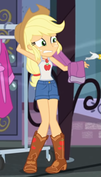 Size: 499x875 | Tagged: safe, derpibooru import, screencap, applejack, better together, equestria girls, street chic, armpits, bare shoulders, clothes, cold, female, pants, sleeveless