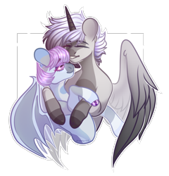 Size: 3822x3988 | Tagged: safe, artist:dreamyrat, derpibooru import, oc, oc only, alicorn, bat pony, pony, bat wings, commission, couple, duo, duo male and female, eyes closed, female, horn, hug, male, mare, oc x oc, open mouth, purple eyes, shipping, simple background, smiling, stallion, transparent background, wings