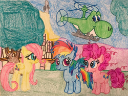 Size: 1280x963 | Tagged: safe, artist:justinvaldecanas, derpibooru import, part of a series, part of a set, fluttershy, pinkie pie, rainbow dash, dinosaur, earth pony, pegasus, pony, crossover, female, filly, filly fluttershy, filly pinkie pie, filly rainbow dash, foal, group, helicopter, ponyville, quartet, story included, super mario bros., traditional art, transformation, yoshi, younger