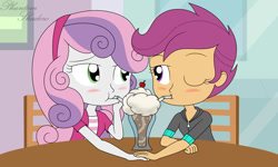 Size: 1024x615 | Tagged: safe, artist:phantomshadow051, derpibooru import, scootaloo, sweetie belle, human, equestria girls, blushing, cute, duo, duo female, female, holding hands, indoors, lesbian, one eye closed, scootabelle, shipping, straw, table, wink
