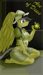 Size: 1100x1900 | Tagged: safe, artist:sixes&sevens, derpibooru import, daring do, anthro, pegasus, plantigrade anthro, abs, ace of discs, barefoot, clothes, explicit source, feet, female, glowing, hat, kneeling, medallion, minor arcana, multiple variants, pith helmet, shorts, smiling, solo, tarot card, torn clothes