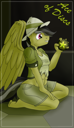 Size: 1100x1900 | Tagged: safe, alternate version, artist:sixes&sevens, derpibooru import, daring do, dashing do, anthro, pegasus, plantigrade anthro, abs, ace of discs, barefoot, clothes, explicit source, feet, glowing, hat, kneeling, male, medallion, minor arcana, multiple variants, pith helmet, rule 63, smiling, solo, tarot card, torn clothes