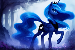 Size: 1920x1280 | Tagged: safe, derpibooru exclusive, derpibooru import, editor:dovakkins, generator:stable diffusion, machine learning generated, princess luna, alicorn, pony, concave belly, cute, ethereal mane, ethereal tail, female, folded wings, forest background, galaxy mane, jewelry, peytral, raised hoof, raised leg, regalia, slim, smiling, solo, tail, thin, wavy mane, wings