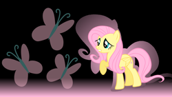 Size: 1920x1080 | Tagged: safe, artist:mlpwallpapermaker, derpibooru import, fluttershy, pegasus, pony, black background, cutie mark, female, mare, simple background, solo, wallpaper, worried