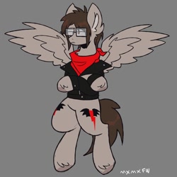 Size: 680x680 | Tagged: safe, artist:mxmx fw, derpibooru import, pegasus, pony, clothes, crossed arms, ear fluff, ears, flying, glasses, gray background, hoof fluff, jacket, male, mikey way, my chemical romance, ponified, scarf, simple background, solo, species swap, spread wings, stallion, wings