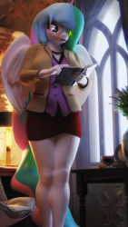 Size: 2160x3840 | Tagged: safe, artist:artempredator, derpibooru import, princess celestia, principal celestia, alicorn, anthro, equestria girls, 3d, blender, blender cycles, book, clothes, dress, glasses, legs, not sfm, reading, solo, thighs, vest, wings