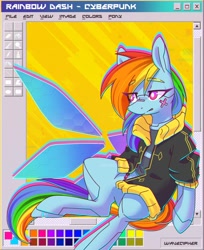 Size: 1589x1944 | Tagged: safe, artist:musicfirewind, derpibooru import, rainbow dash, pegasus, pony, semi-anthro, clothes, cyberpunk, eyes closed, open mouth