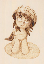 Size: 2389x3411 | Tagged: safe, artist:malte279, derpibooru import, oc, oc:leafhelm, pony, craft, helmet, pyrography, tilted head, traditional art