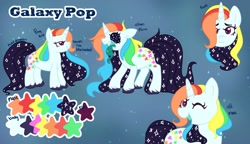 Size: 2454x1416 | Tagged: safe, artist:orcabunnies, derpibooru import, oc, oc only, oc:galaxy pop, pony, unicorn, reference sheet