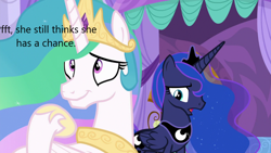 Size: 1280x720 | Tagged: safe, derpibooru import, edit, edited screencap, screencap, princess celestia, princess luna, alicorn, pony, between dark and dawn, caption, derpibooru, image macro, meta, text