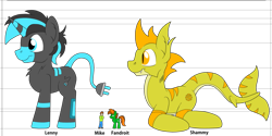 Size: 1261x633 | Tagged: safe, artist:fandroit, derpibooru import, oc, oc only, oc:fandroit, oc:lenny light, oc:mike, oc:shammy, monster pony, pony, unicorn, blue eyes, golden eyes, horn, looking to side, looking to the left, macro, macro/micro, micro, side view, simple background, size comparison, size difference, slit eyes, transparent background, unicorn oc, yellow coat