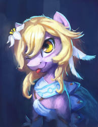 Size: 3200x4130 | Tagged: safe, artist:terrafomer, derpibooru import, earth pony, pony, clothes, flower, flower in hair, genshin impact, lumine (genshin impact), one eye closed, ponified, species swap, tongue, tongue out