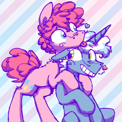 Size: 588x588 | Tagged: safe, alternate version, artist:artflicker, derpibooru import, bubble berry, pinkie pie, pokey pierce, earth pony, pony, unicorn, bipedal, bipedal leaning, dithering, floating heart, gay, grin, half r63 shipping, heart, hoof on shoulder, leaning, male, pokeyberry, pokeypie, rule 63, shipping, smiling, stallion, striped background, tongue, tongue out