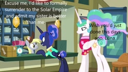 Size: 1280x720 | Tagged: safe, derpibooru import, edit, edited screencap, screencap, derpy hooves, princess celestia, princess luna, alicorn, pegasus, pony, between dark and dawn, caption, cash register, derpibooru, image macro, meta, post office, text