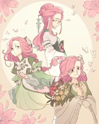 Size: 1638x2048 | Tagged: safe, artist:miss_glowwormis, derpibooru import, fluttershy, human, flower, genshin impact, humanized