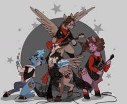 Size: 2018x1659 | Tagged: safe, artist:lexiwomble, derpibooru import, earth pony, pegasus, pony, unicorn, bass guitar, clothes, electric guitar, emo, flying, frank iero, gerard way, glasses, glowing, glowing horn, group, guitar, hoof hold, horn, jacket, leather, leather jacket, makeup, male, microphone, mikey way, musical instrument, my chemical romance, necktie, ponified, ray toro, scarf, shoes, species swap, spread wings, stallion, vest, wings