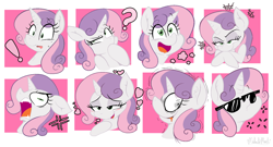 Size: 1638x886 | Tagged: safe, artist:malachimoet, derpibooru import, sweetie belle, pony, unicorn, blushing, drool, expressions, fangs, female, heart, heart eyes, open mouth, smiling, solo, sunglasses, wingding eyes