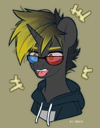 Size: 943x1200 | Tagged: safe, artist:shelti, derpibooru import, oc, oc only, pony, unicorn, 3d glasses, bust, clothes, colored pupils, commission, gradient mane, hoodie, horn, male, open mouth, simple background, solo, stallion, tongue, tongue out, yellow background