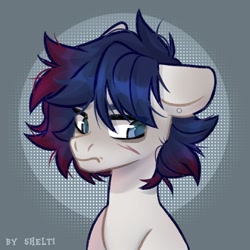 Size: 1000x1000 | Tagged: safe, artist:shelti, derpibooru import, oc, oc only, pony, abstract background, bust, colored pupils, commission, ear piercing, earring, ears, floppy ears, frown, jewelry, looking back, male, piercing, scar, solo, stallion