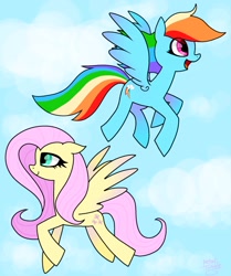 Size: 1714x2048 | Tagged: safe, artist:petaltwinkle, derpibooru import, fluttershy, rainbow dash, pegasus, flying