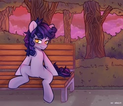 Size: 2300x2000 | Tagged: safe, artist:shelti, derpibooru import, oc, oc only, earth pony, bench, bush, colored pupils, commission, featureless crotch, looking at you, outdoors, sitting, sky, smiling, solo, tree