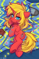 Size: 1346x2000 | Tagged: safe, artist:shelti, derpibooru import, oc, oc only, unicorn, bed, body pillow, body pillow design, coin, colored pupils, commission, dakimakura cover, ear piercing, earring, ears back, fangs, frown, hoof heart, horn, jewelry, looking at you, lying down, necklace, nokia n-gage, on side, piercing, pouch, solo, underhoof