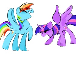 Size: 1368x1074 | Tagged: safe, artist:petaltwinkle, derpibooru import, rainbow dash, twilight sparkle, twilight sparkle (alicorn), alicorn, pegasus, pony, duo, laughing, simple background, white background