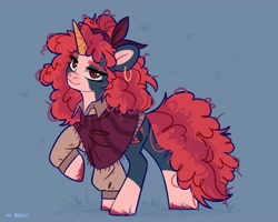 Size: 2500x2000 | Tagged: safe, artist:shelti, derpibooru import, oc, oc only, pony, unicorn, blue background, clothes, coat markings, colored horn, colored pupils, curly hair, ear piercing, earring, female, headband, horn, jewelry, long sleeves, looking at you, mare, messy mane, messy tail, piercing, raised hoof, raised leg, shawl, shirt, simple background, socks (coat marking), standing, tail, unshorn fetlocks