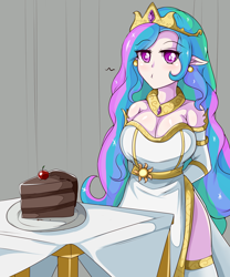 Size: 2500x3000 | Tagged: safe, artist:n00bultima, derpibooru import, princess celestia, human, big breasts, breasts, cake, cakelestia, cleavage, clothes, elf ears, female, food, humanized, princess breastia, side slit, solo