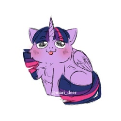 Size: 500x500 | Tagged: safe, artist:mari_deer, derpibooru import, twilight sparkle, twilight sparkle (alicorn), alicorn, pony, :3, :p, blushing, chibi, cute, fluffy, signature, simple background, solo, tongue, tongue out, white background