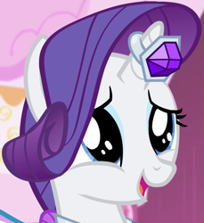 Size: 507x553 | Tagged: safe, derpibooru import, screencap, rarity, pony, unicorn, season 4, simple ways, close-up, cropped, cute, female, hnnng, horn, horn ring, jewelry, mare, open mouth, open smile, raribetes, ring, smiling, solo, squishy cheeks, wide eyes