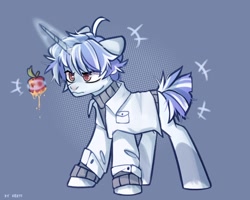 Size: 2500x2000 | Tagged: safe, artist:shelti, derpibooru import, oc, oc only, pony, unicorn, apple, clothes, colored pupils, food, glowing, glowing horn, gray background, horn, jacket, lab coat, long sleeves, magic, magic aura, male, messy mane, messy tail, request, short tail, simple background, solo, stallion, standing, sweater, tail