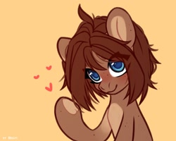 Size: 2500x2000 | Tagged: safe, artist:shelti, derpibooru import, oc, oc only, oc:owl, blushing, bust, colored pupils, countershading, female, happy, heart, hoof heart, looking at you, mare, simple background, smiling, solo, underhoof, waving, yellow background