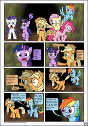 Size: 1600x2283 | Tagged: safe, artist:thunderelemental, derpibooru import, applejack, fluttershy, pinkie pie, rainbow dash, rarity, twilight sparkle, changeling, pony, comic:swarm rising, biting, comic, disguise, disguised changeling, mane six, speech bubble, tail, tail bite, tunnel