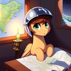 Size: 704x704 | Tagged: safe, derpibooru import, generator:purplesmart.ai, generator:stable diffusion, machine learning generated, oc, oc:leafhelm, pegasus, pony, candle, candlelight, cartographer, helmet, map, mapmaker